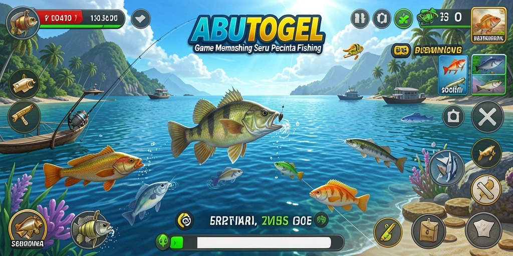 Gameplay ABUTOGEL yang menampilkan aktivitas memancing yang menarik dan seru.