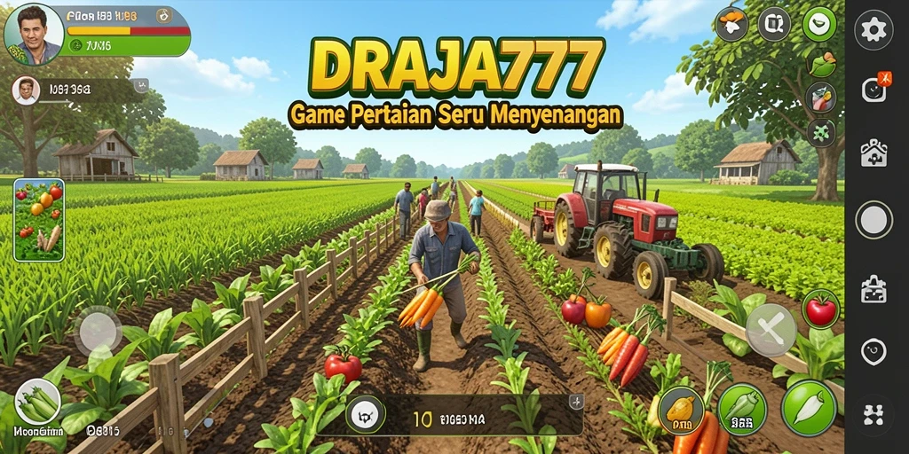 Gameplay DRAJA777 menampilkan ladang subur dan aktivitas bertani.