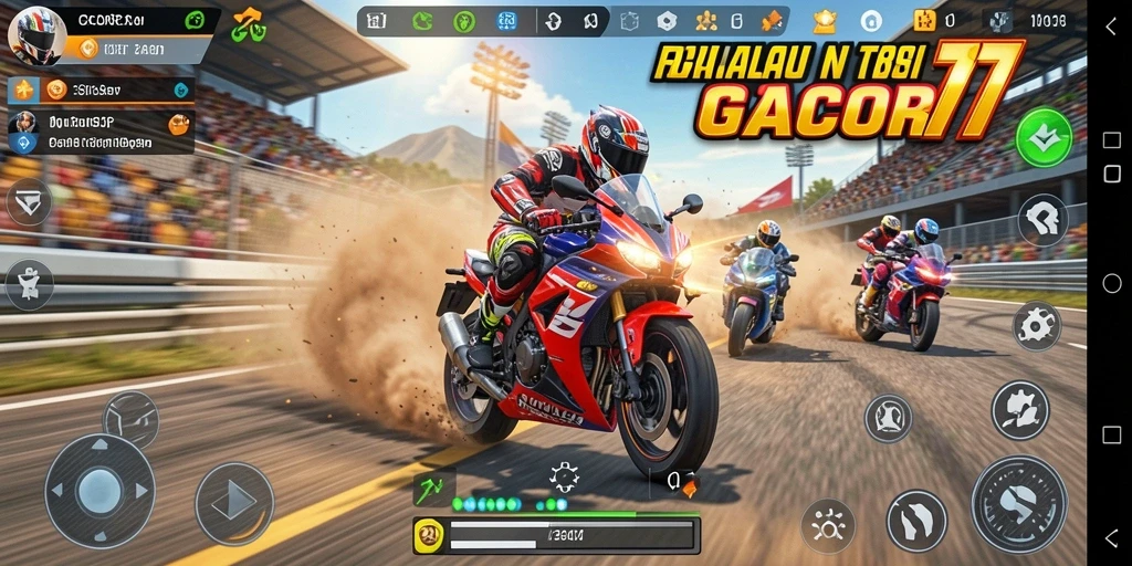 Screenshot utama GACOR77 menampilkan adegan balapan motor yang cepat dan mendebarkan.