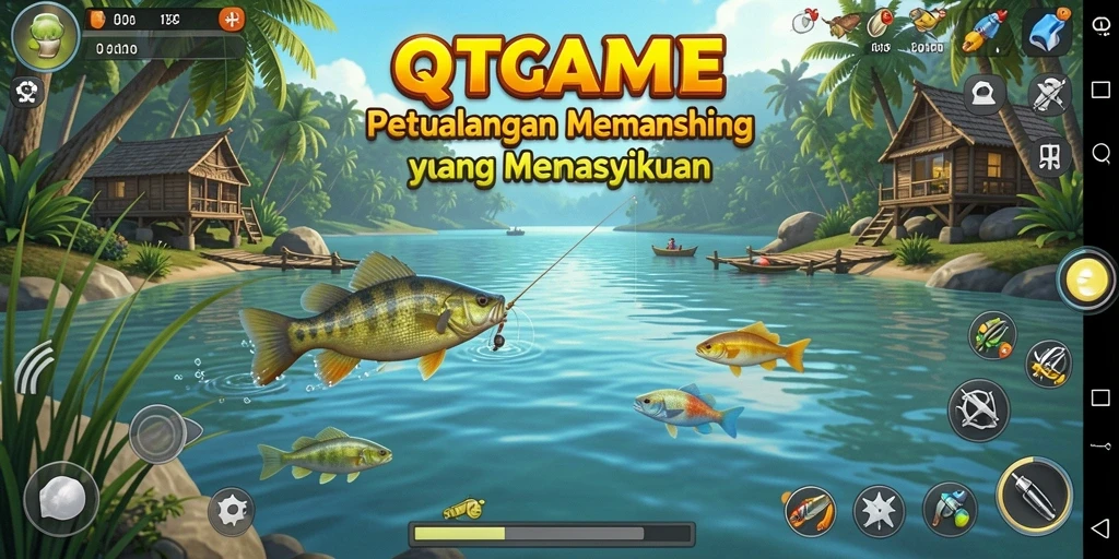 Screenshot gameplay QTGAME yang menunjukkan aksi memancing yang seru.