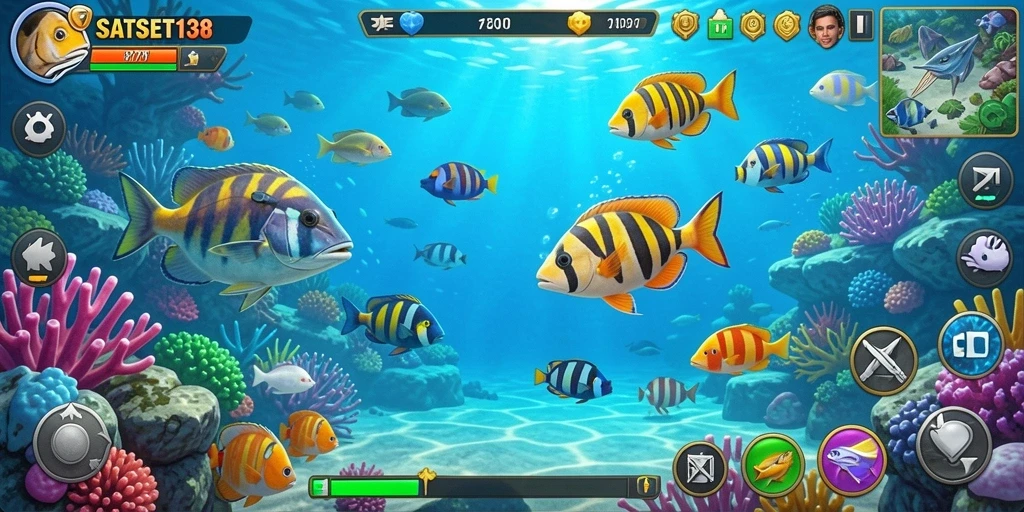 Screenshot permainan SATSET138 menampilkan aksi seru menangkap ikan.